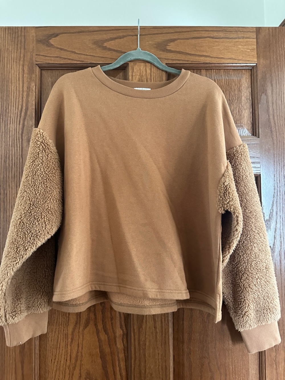 Mud Pie Tan Faux-Sherpa Sleeve Sweatshirt